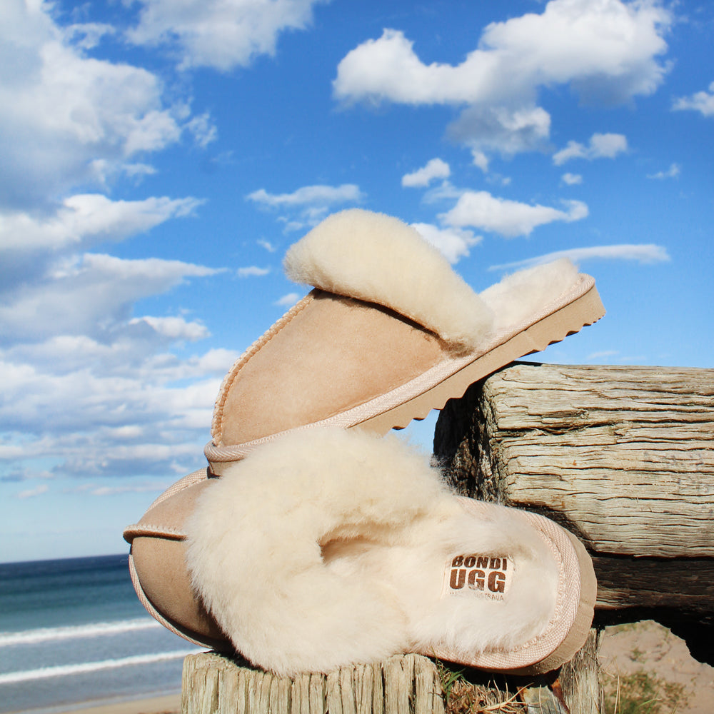 BONDI UGG Australian Made Wool Collar Sheepskin Scuff Slippers