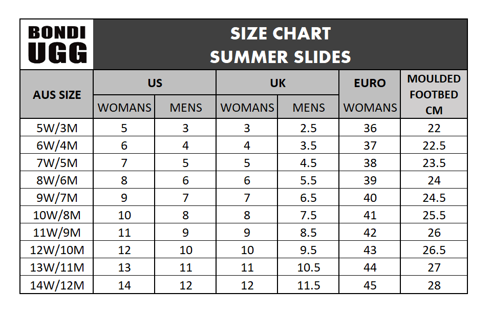 Ugg slides size outlet chart